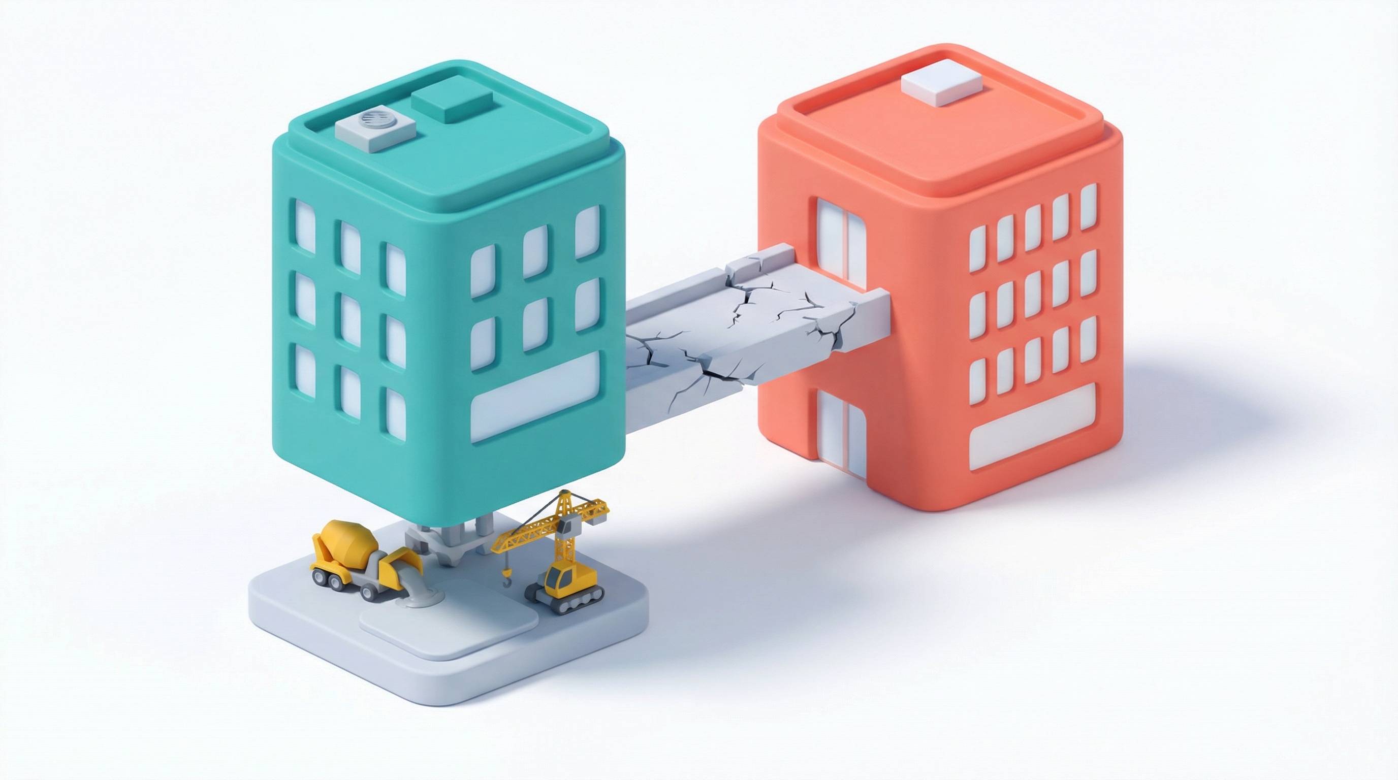 Isometric illustration of two buildings connected by a cracking bridge, one building pouring a new independent foundation