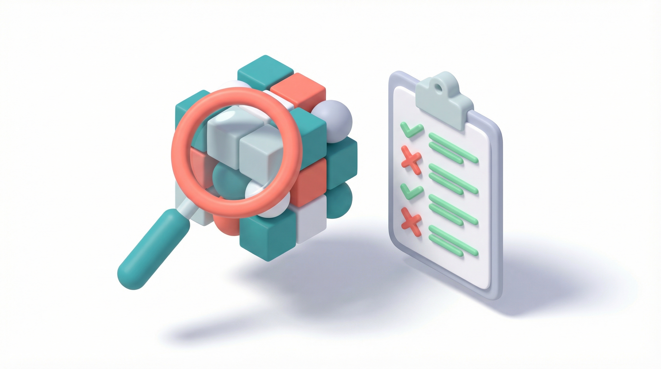 Isometric illustration of a magnifying glass examining an abstract AI shape with a compliance checklist nearby