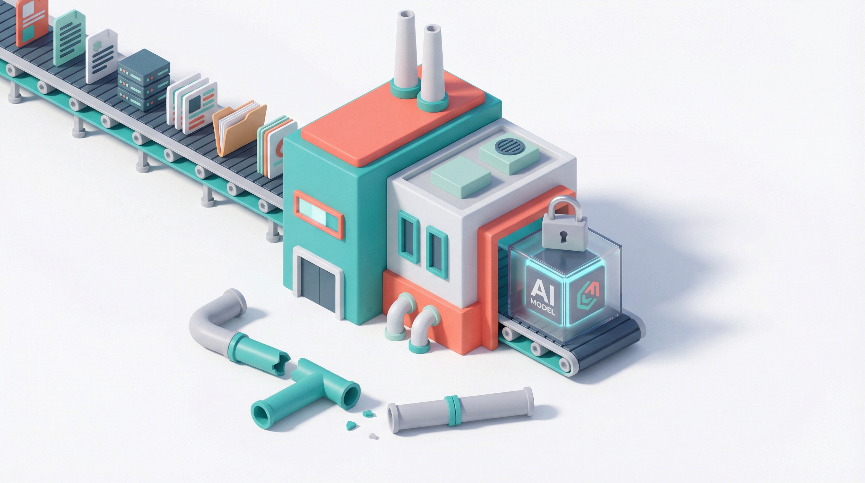 Isometric illustration of a factory processing documents into a custom AI model in a locked box with disconnected API pipes
