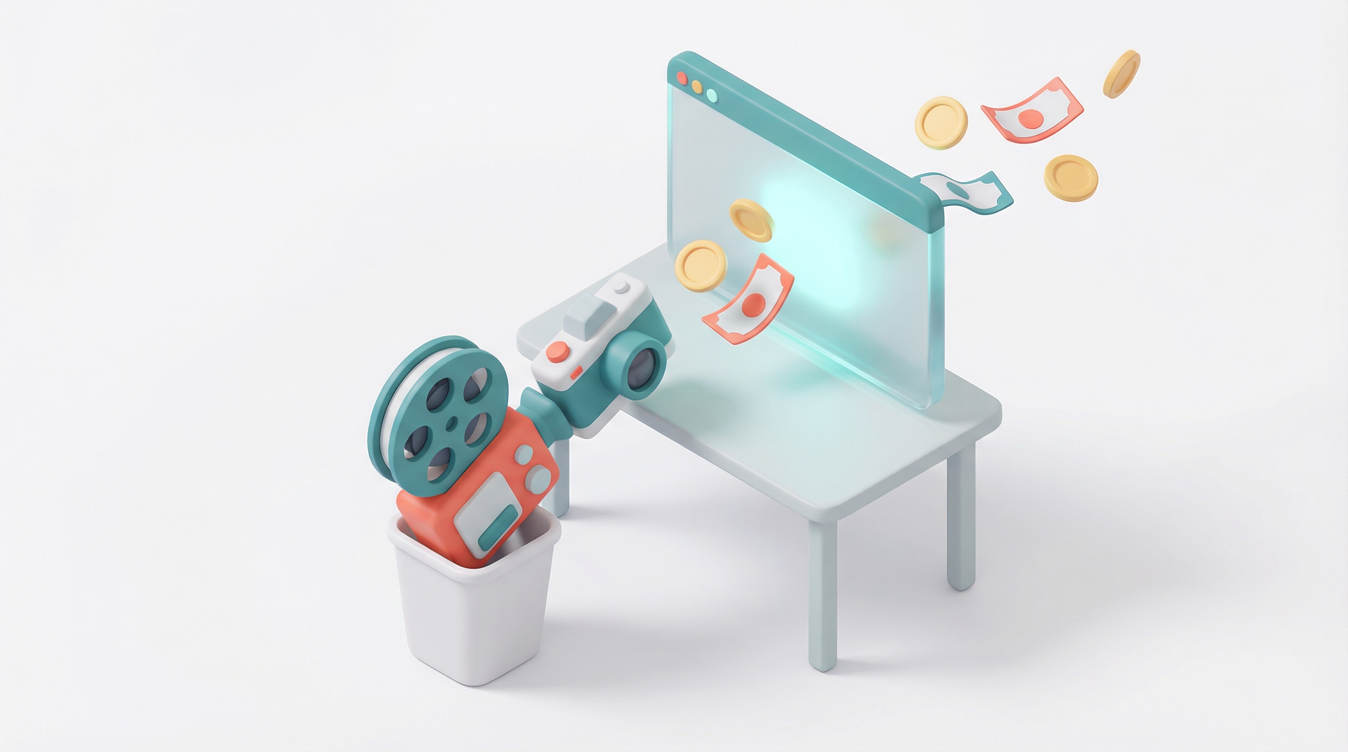 Isometric illustration of creative items being swept off a desk while a terminal window grows larger with money flowing toward it