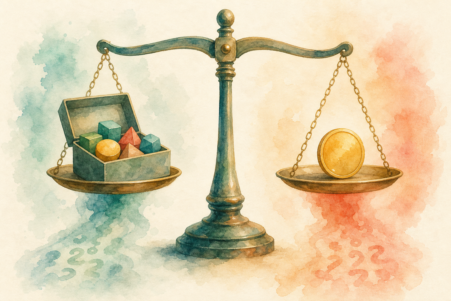 Balance scale weighing local versus hosted costs, watercolor illustration