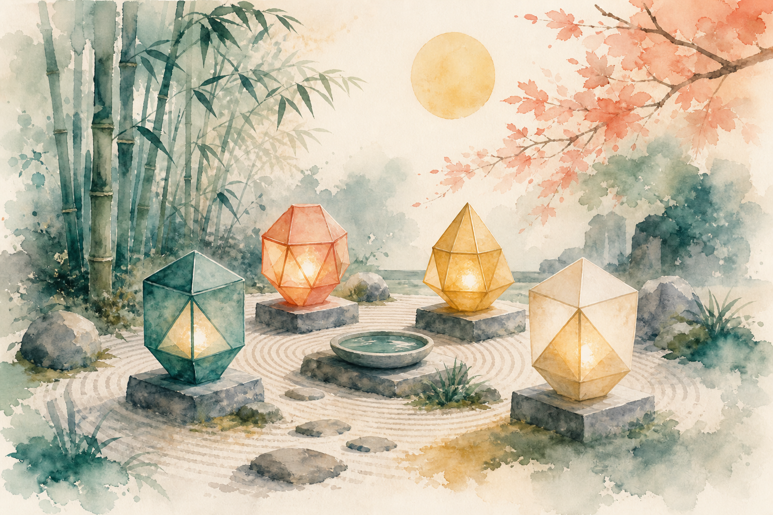 Four lantern-like AI models in calm symmetry, watercolor illustration