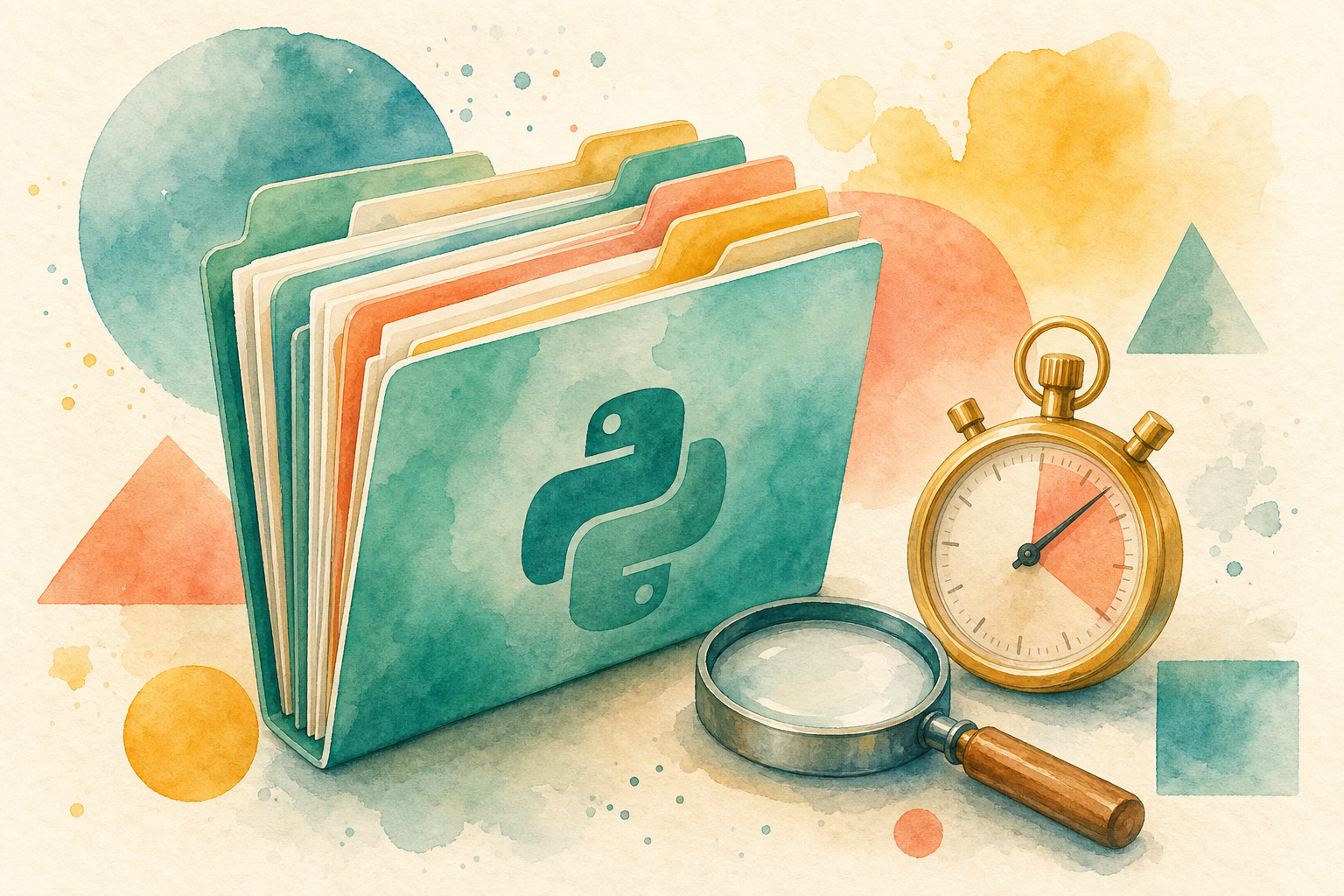 Folder of Python configs with magnifying glass and stopwatch, watercolor illustration