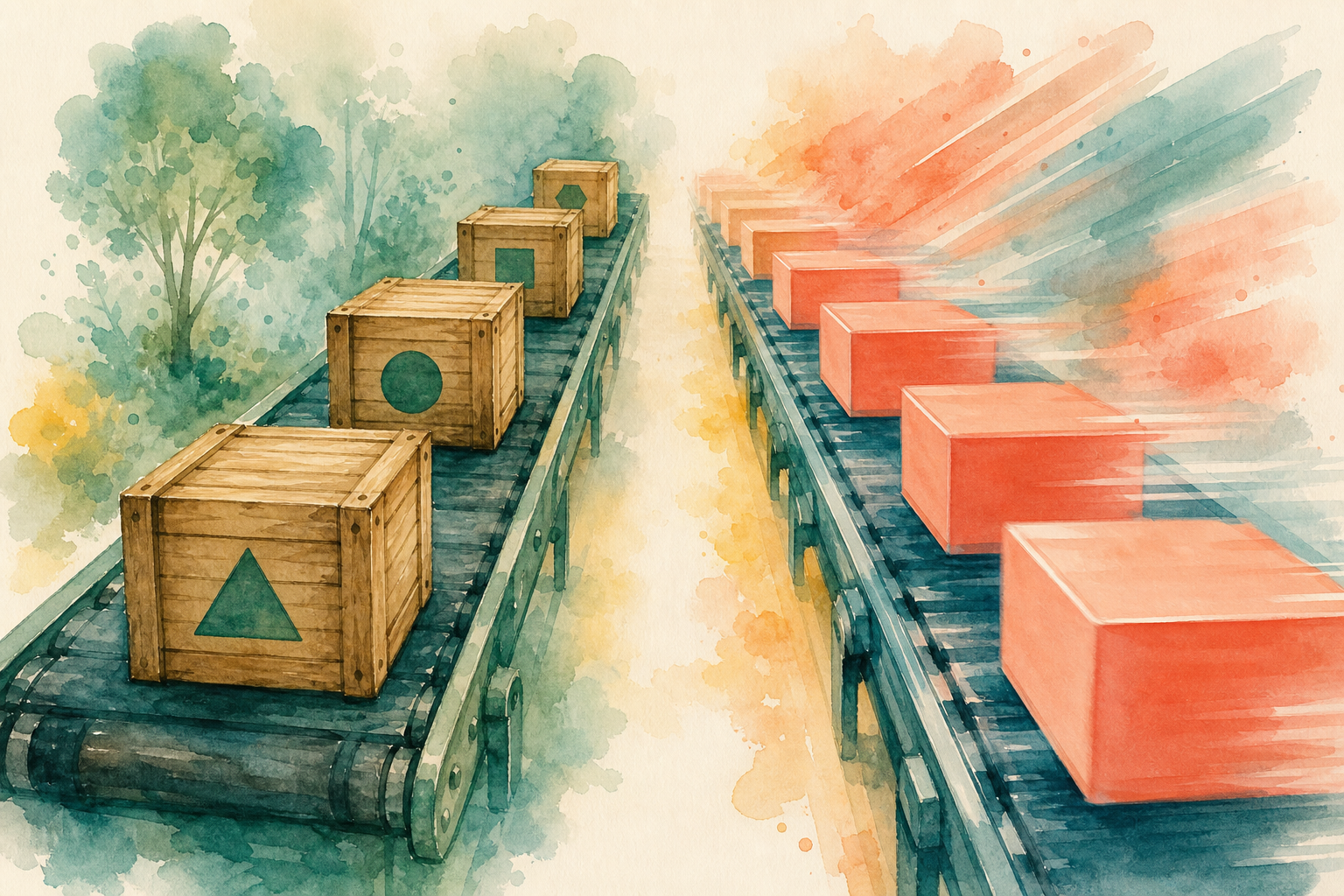 Two conveyor belts comparing slow and fast tooling, watercolor illustration