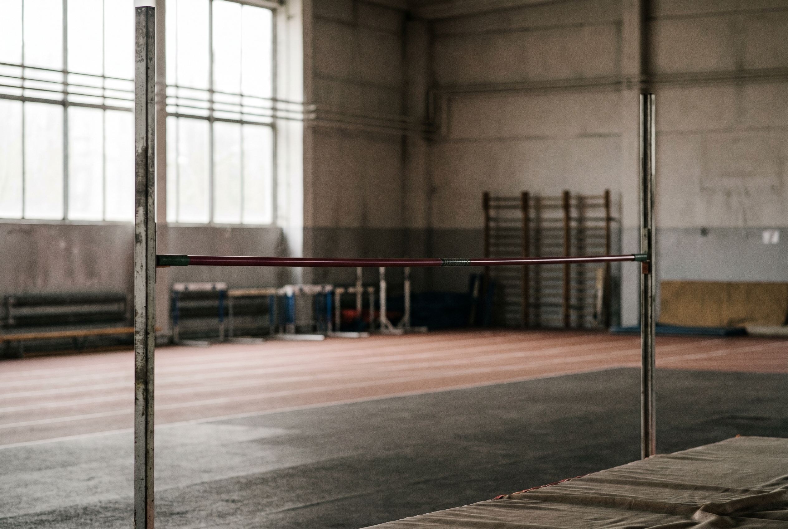 A high jump crossbar resting on two uprights in an empty training hall, lit by soft window light