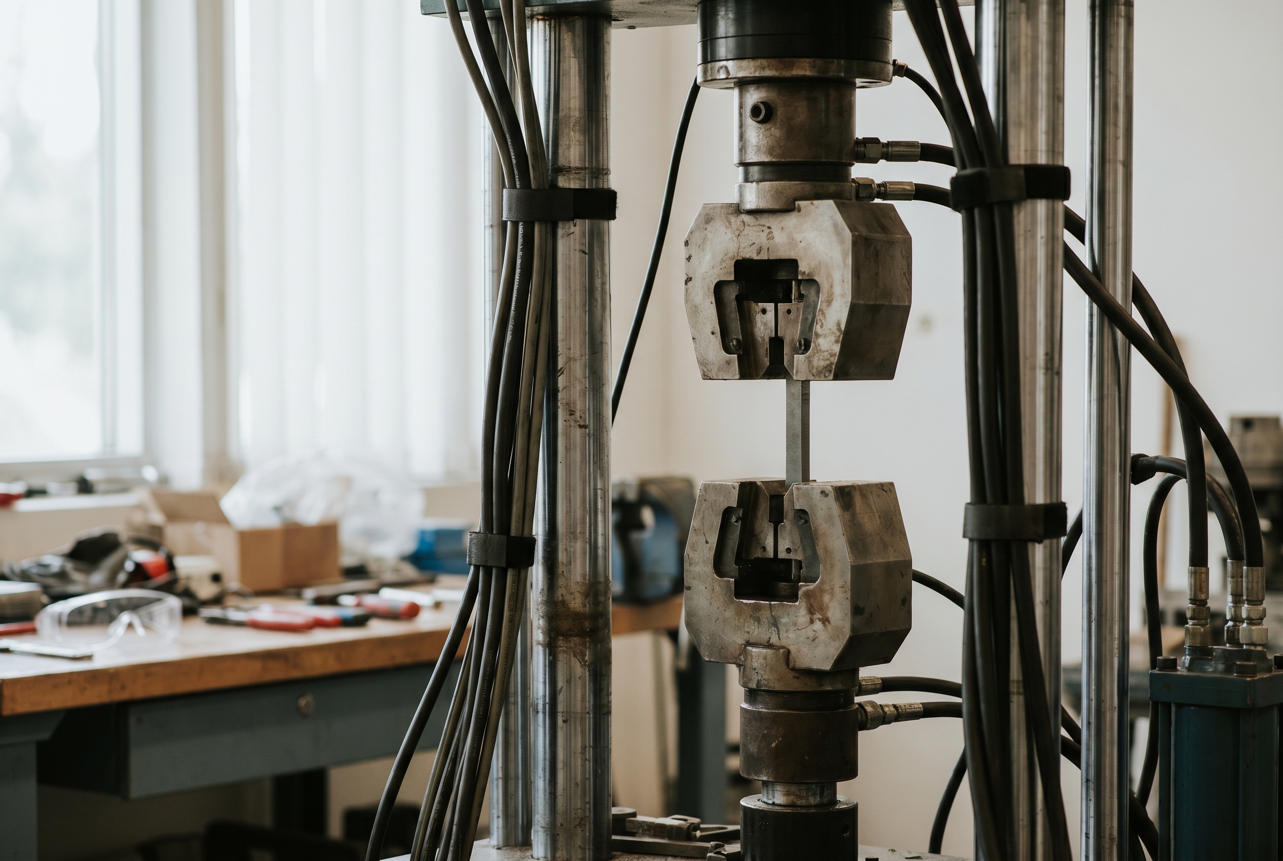 A hydraulic fatigue-testing rig cycling a metal specimen in an engineering lab, measuring how long the material holds rather than how much it lifts