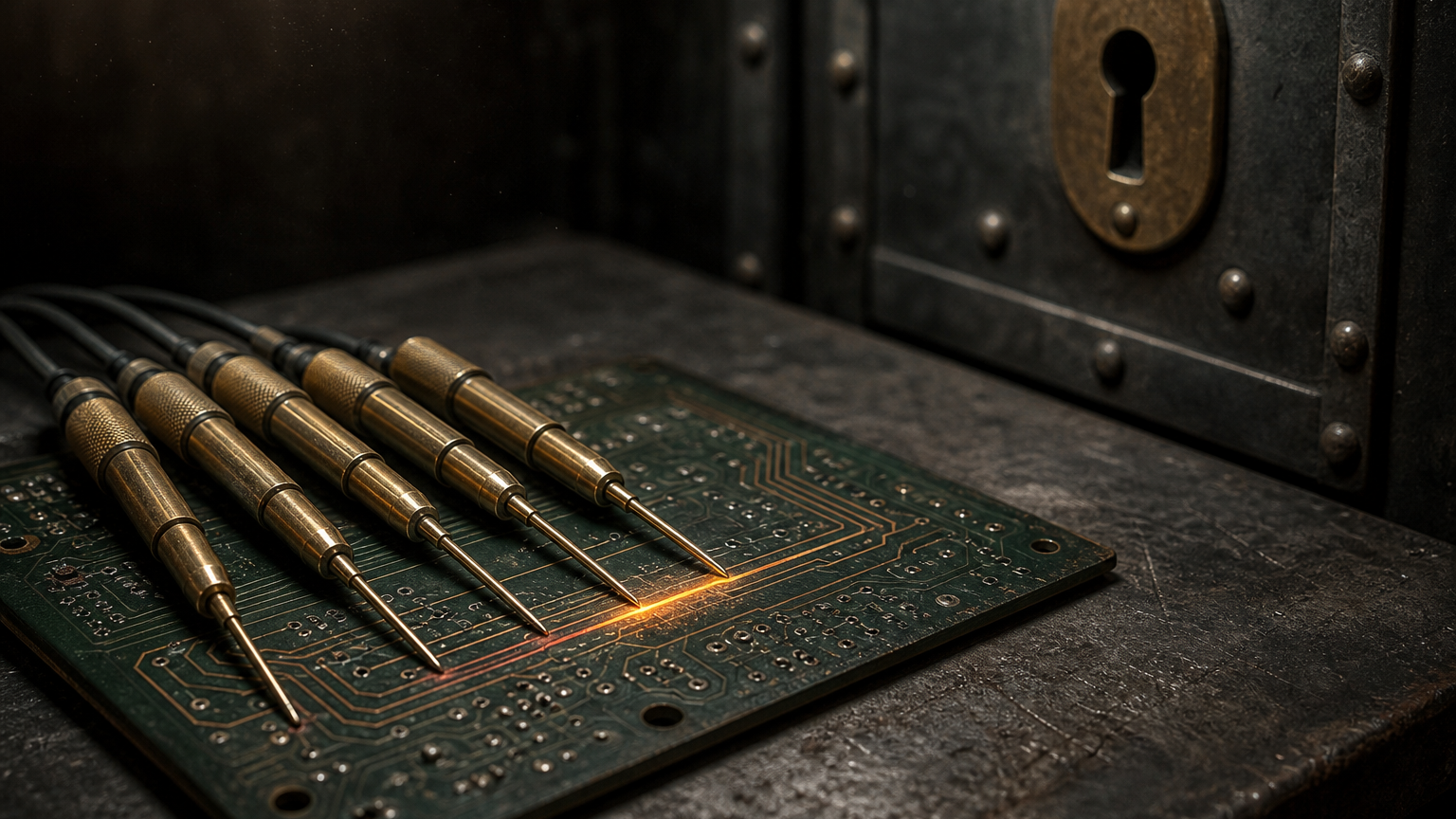 Five brass inspection probes fanned across a circuit board, one copper trace glowing amber, a locked steel cabinet door behind