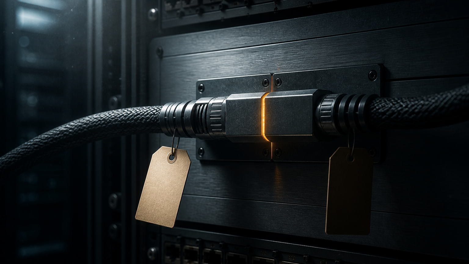 Two braided cables meeting at a steel coupler in a dark data centre, a blank unmarked identification tag hanging from each side