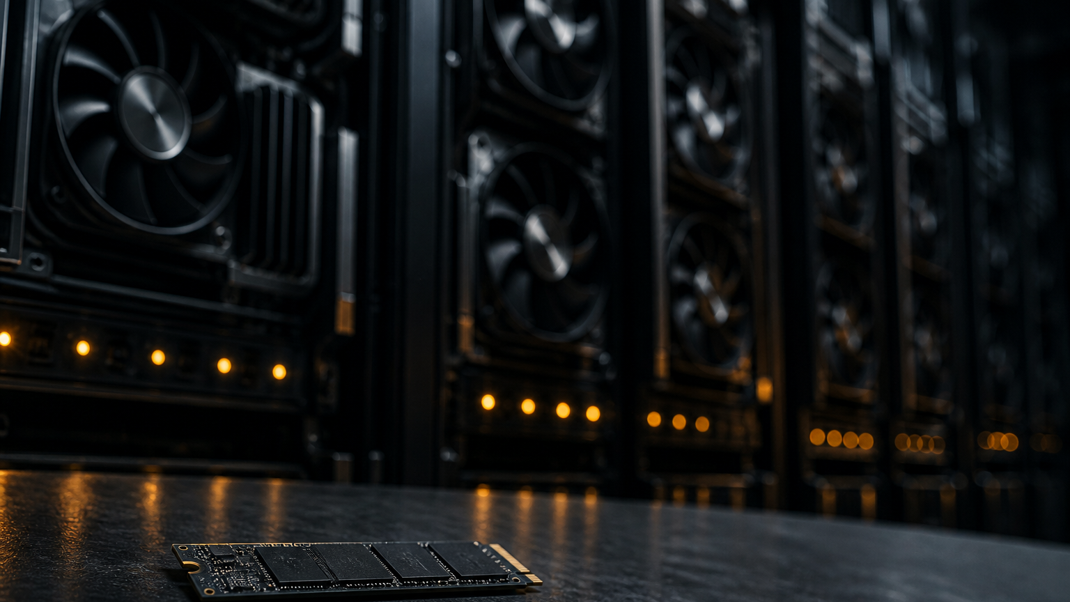 A single NVMe drive dwarfed by a dense rack of GPU accelerators