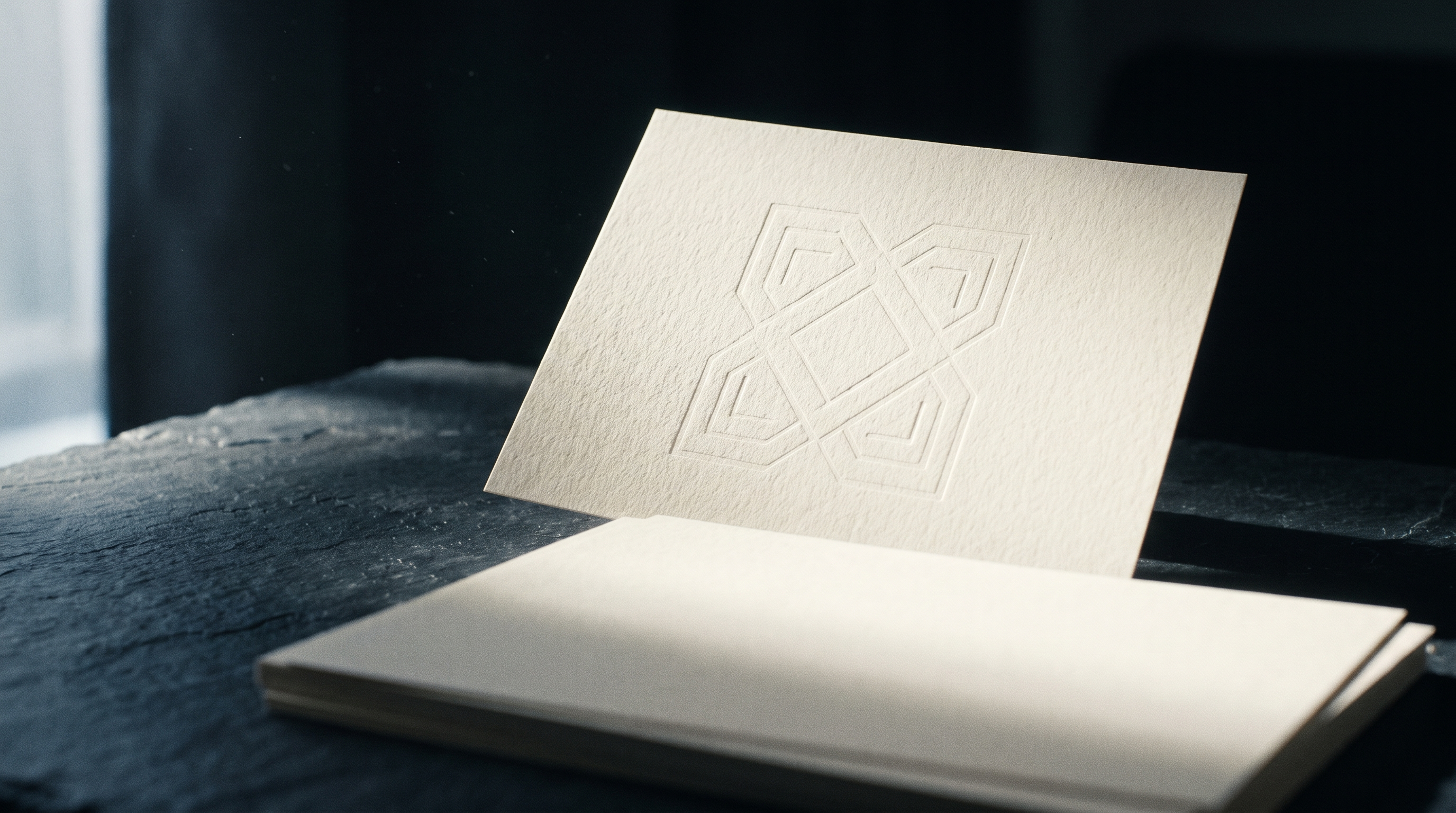 A single sheet of paper bearing an embossed watermark leaning above a stack of blank unmarked sheets