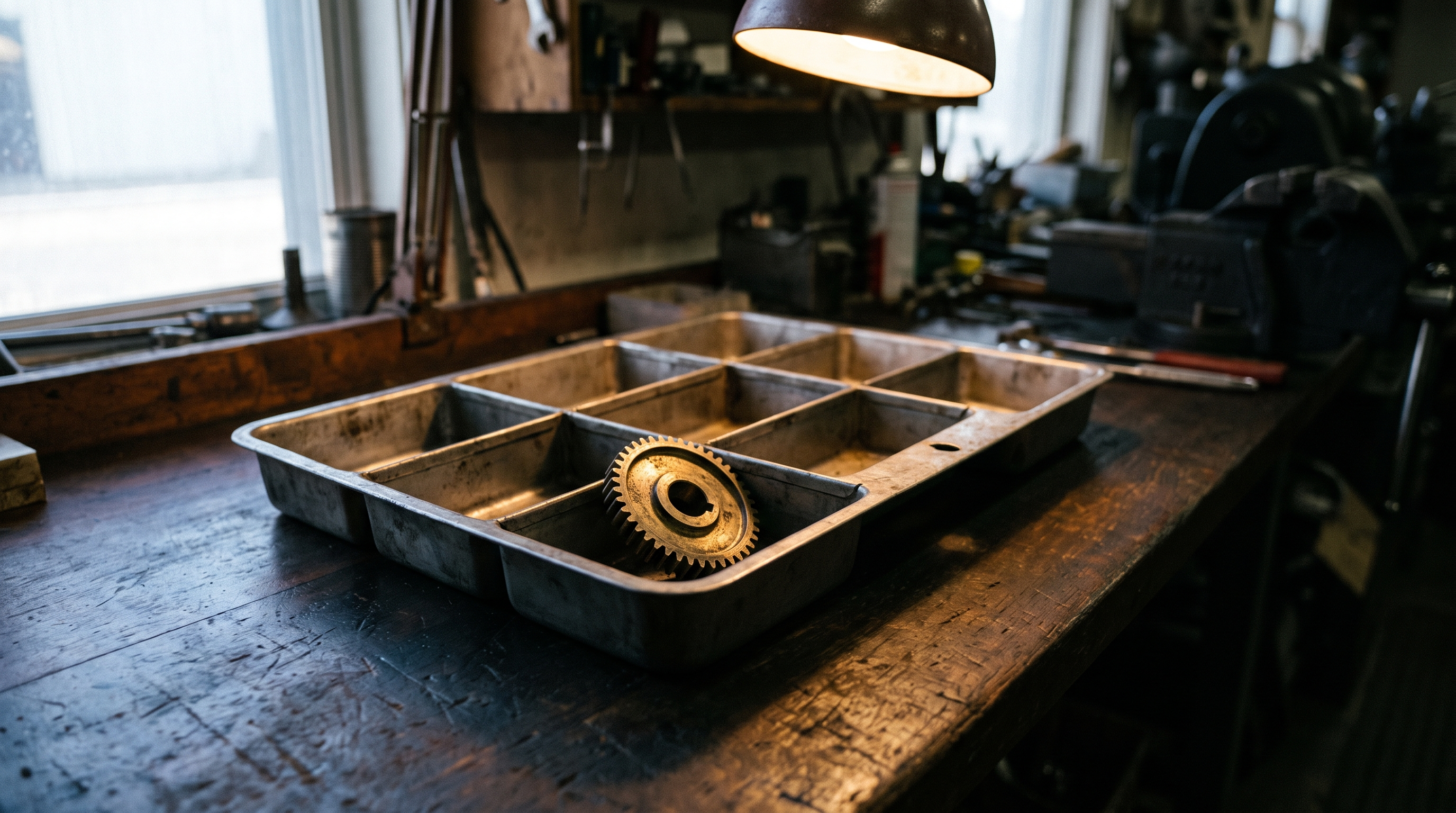 A machinist's parts tray on a workbench, every compartment empty except one holding a single worn brass gear, photoreal