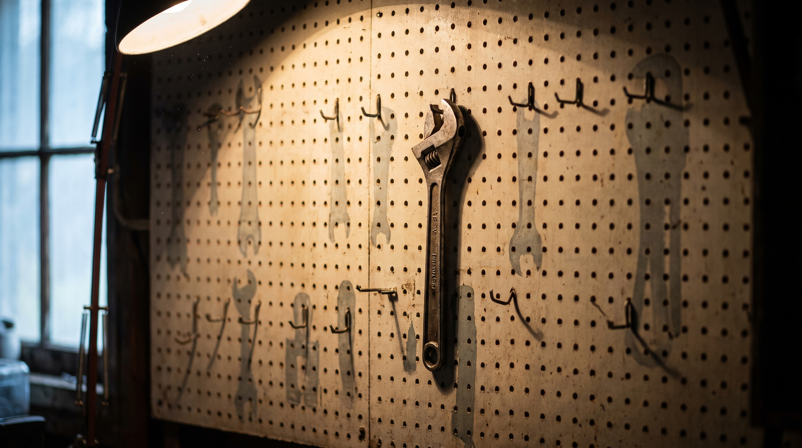 A pegboard tool wall stripped almost bare, painted outlines showing where tools used to hang, one wrench still in place, photoreal
