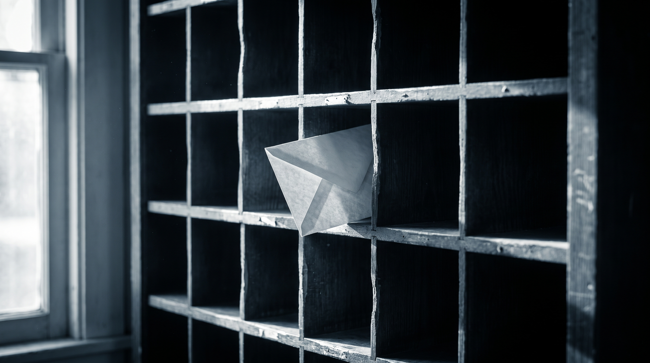 A wooden pigeonhole sorting rack of empty compartments with a single envelope wedged into one slot, photoreal