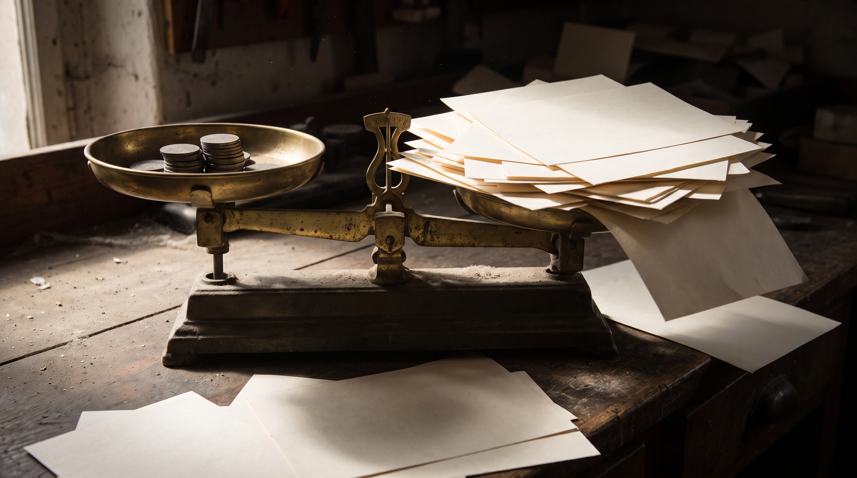 An antique brass balance scale on a workbench, one pan holding a small stack of coins, the other overflowing with blank paper sheets and tipped heavily down, photoreal