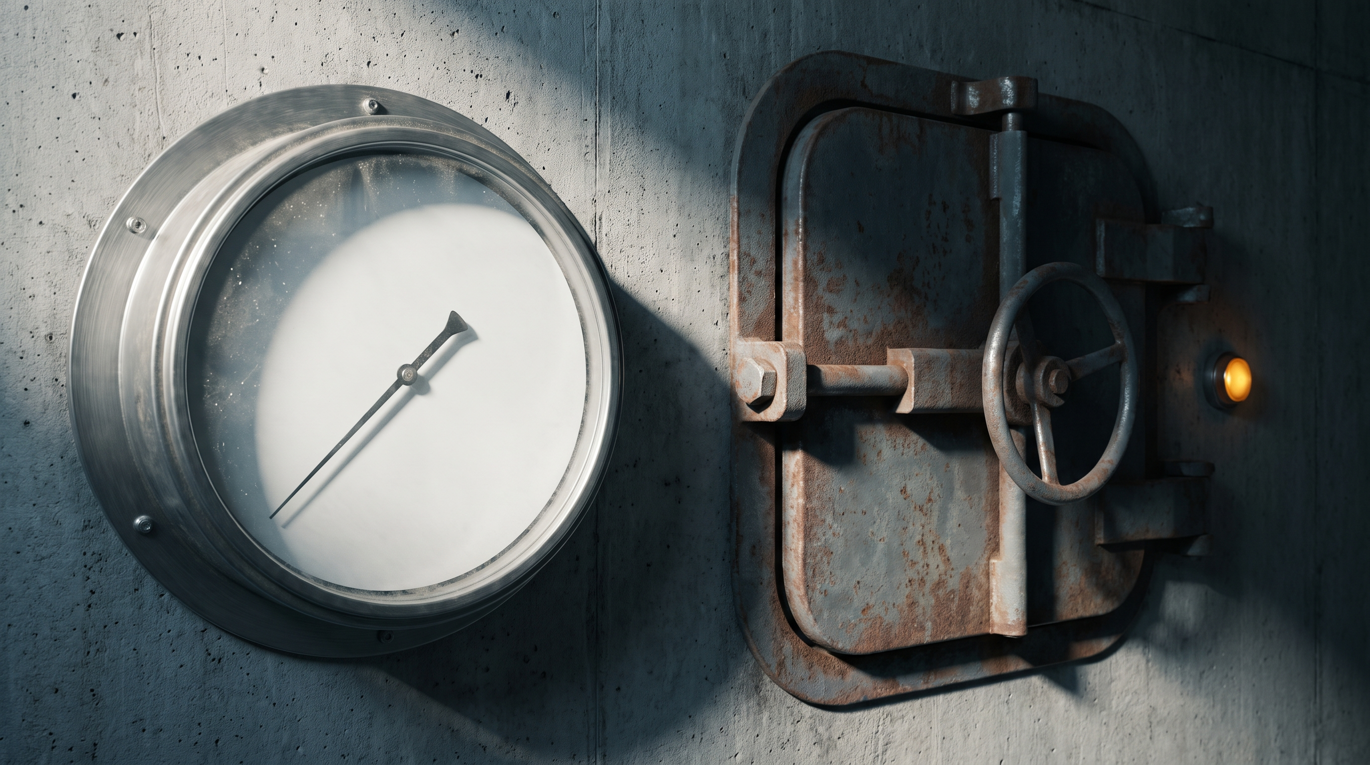 A sealed steel containment hatch with its locking wheel spun shut, beside a large analog gauge whose dial face is completely blank and whose needle rests mid-sweep, photoreal