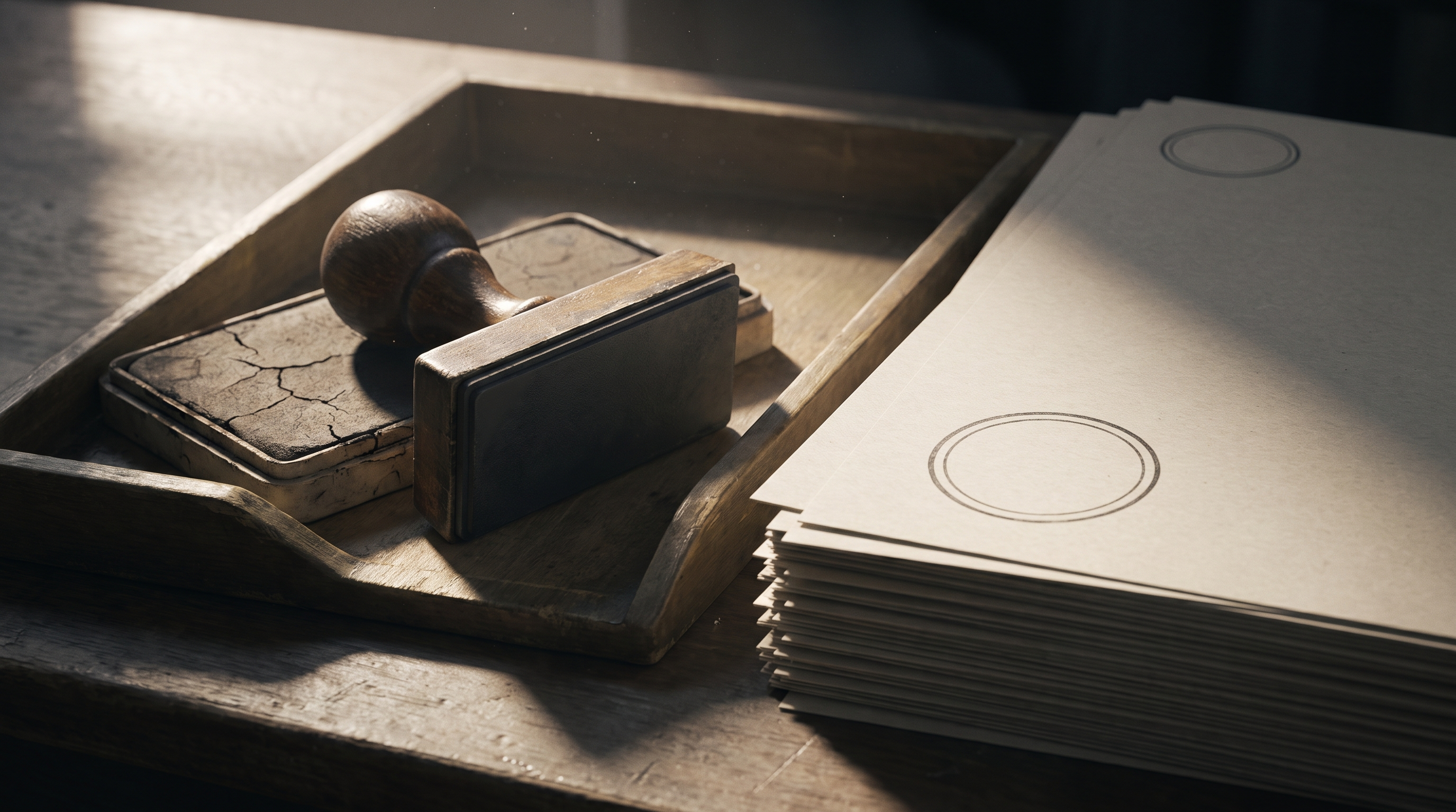 A worn wooden desk tray holding a single rubber approval stamp resting on a dried ink pad, beside a tall stack of papers every visible sheet already bearing the same mark, photoreal
