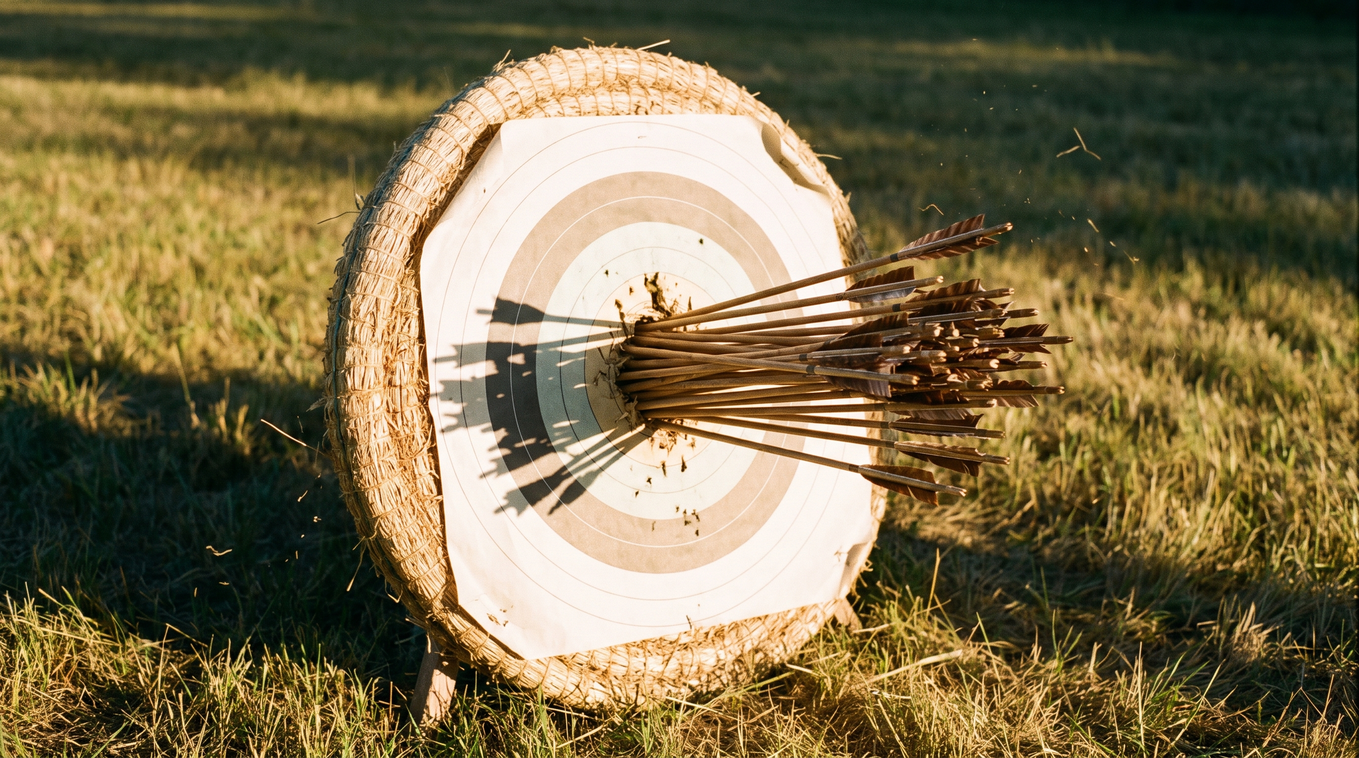 A weathered straw archery target with roughly thirty identical arrows all driven into a single point, photoreal