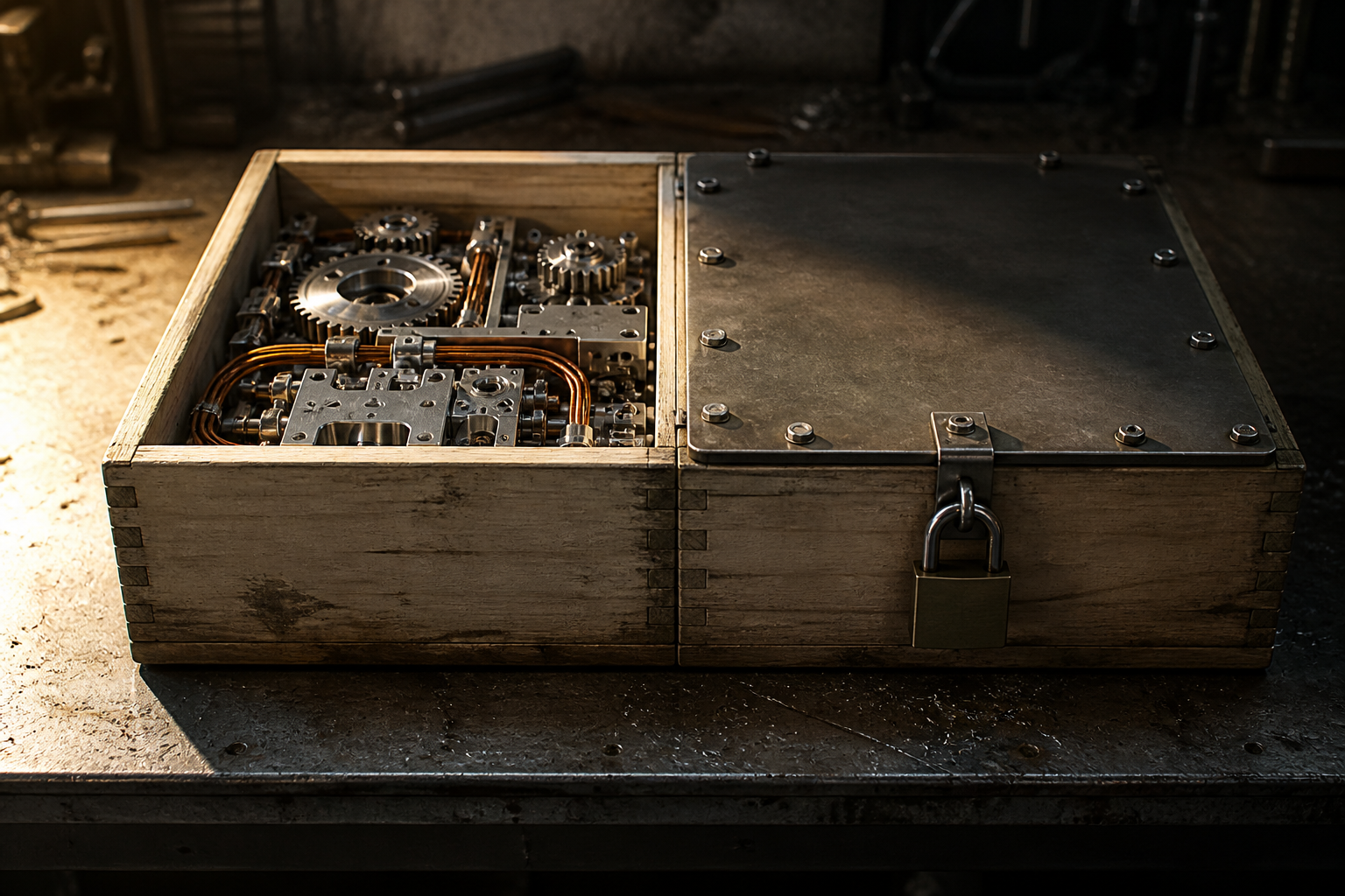 One wooden crate divided in two, the left half open showing dense machined gears and copper tubing, the right half sealed under a bolted steel lid and a closed padlock, photoreal