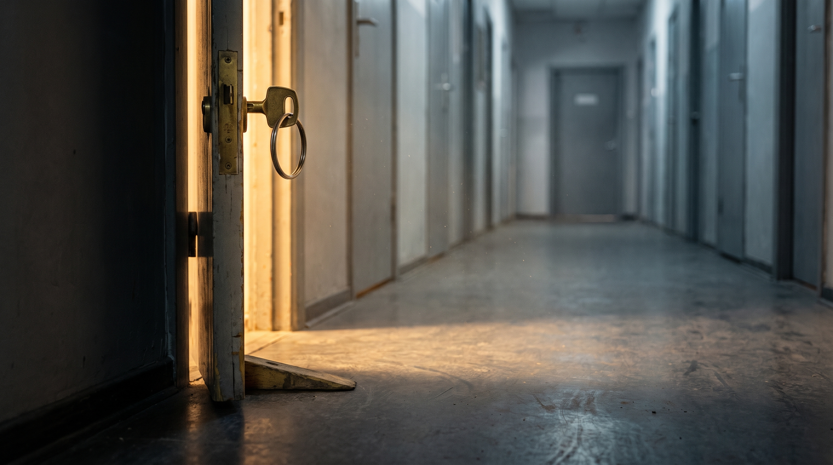 A single office door propped open with a heavy brass key still hanging in the lock, a long corridor of identical closed doors receding behind it, photoreal