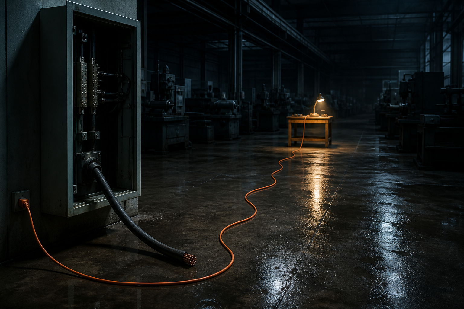 A thin orange domestic extension lead running across a dark industrial machine hall to one lit workbench, the heavy main power feed disconnected at the distribution panel, photoreal