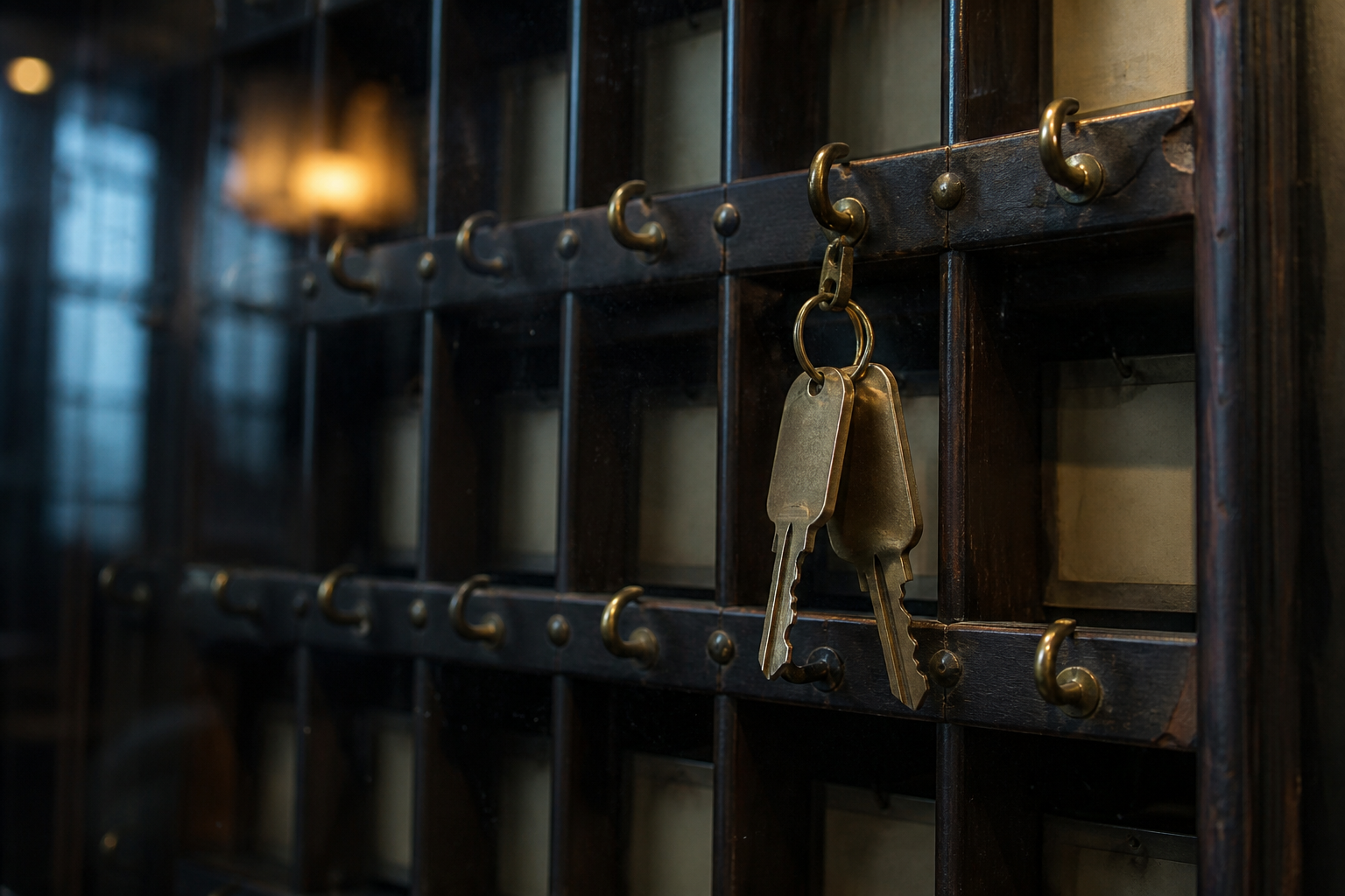 Two identical unlabelled brass keys hanging on one hook of an old hotel key rack, the surrounding hooks empty and the room tags blank, photoreal