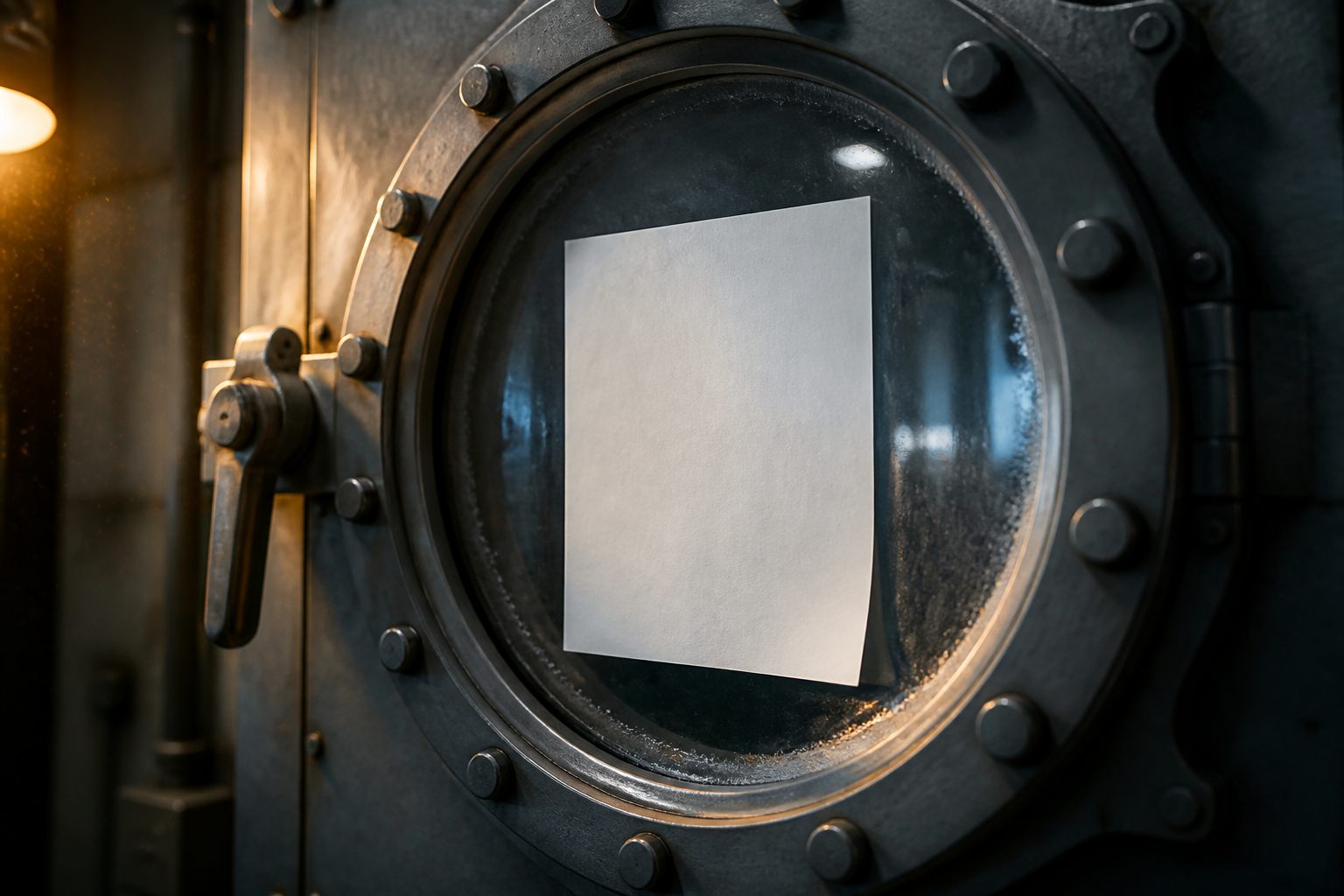 A sealed steel test chamber viewport with a single sheet of paper pressed against the glass from the inside, its printed side facing away, photoreal
