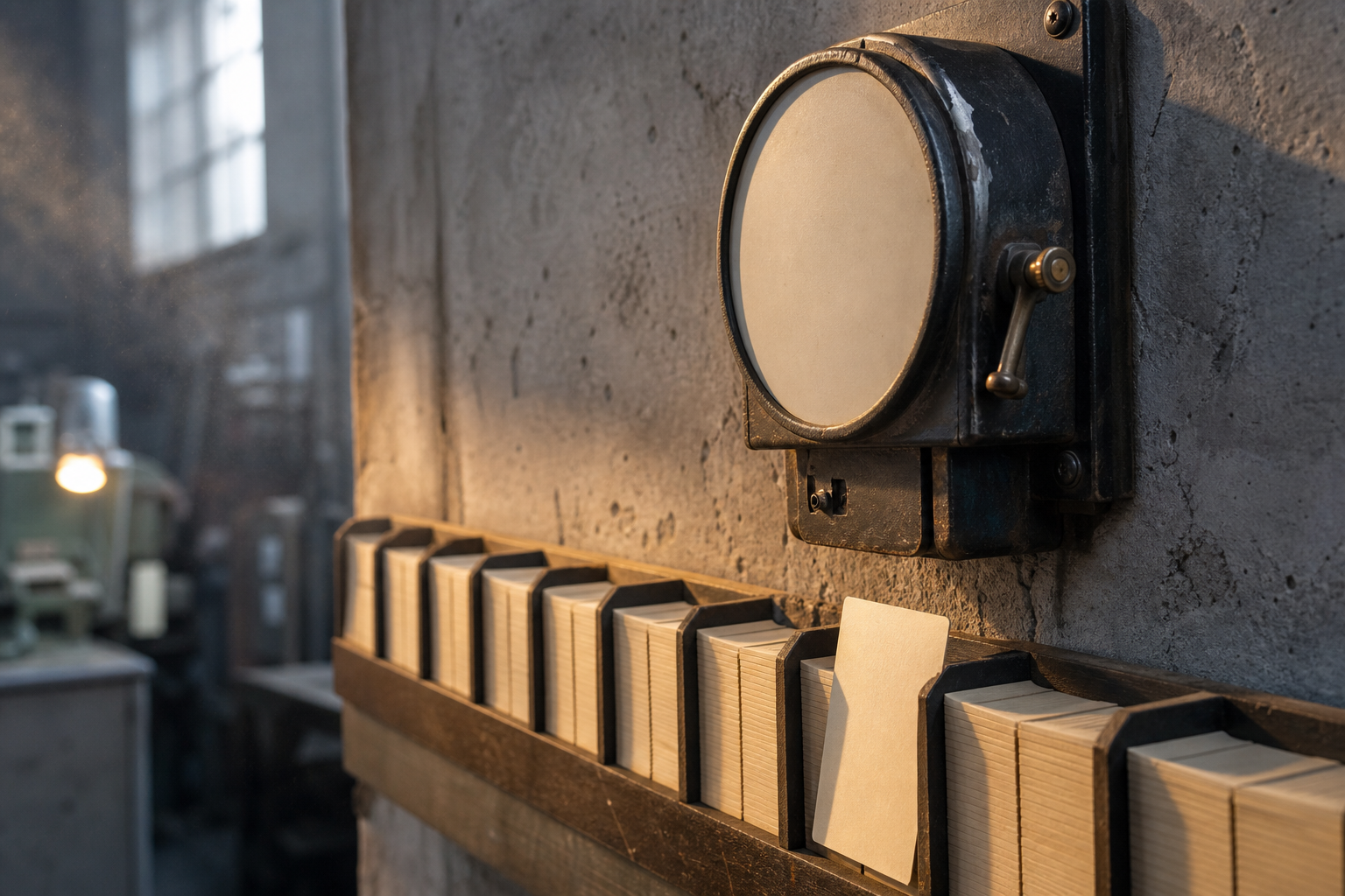 An industrial punch clock bolted to a concrete wall above a long wooden rack of blank time cards, one card pulled halfway from its slot, photoreal