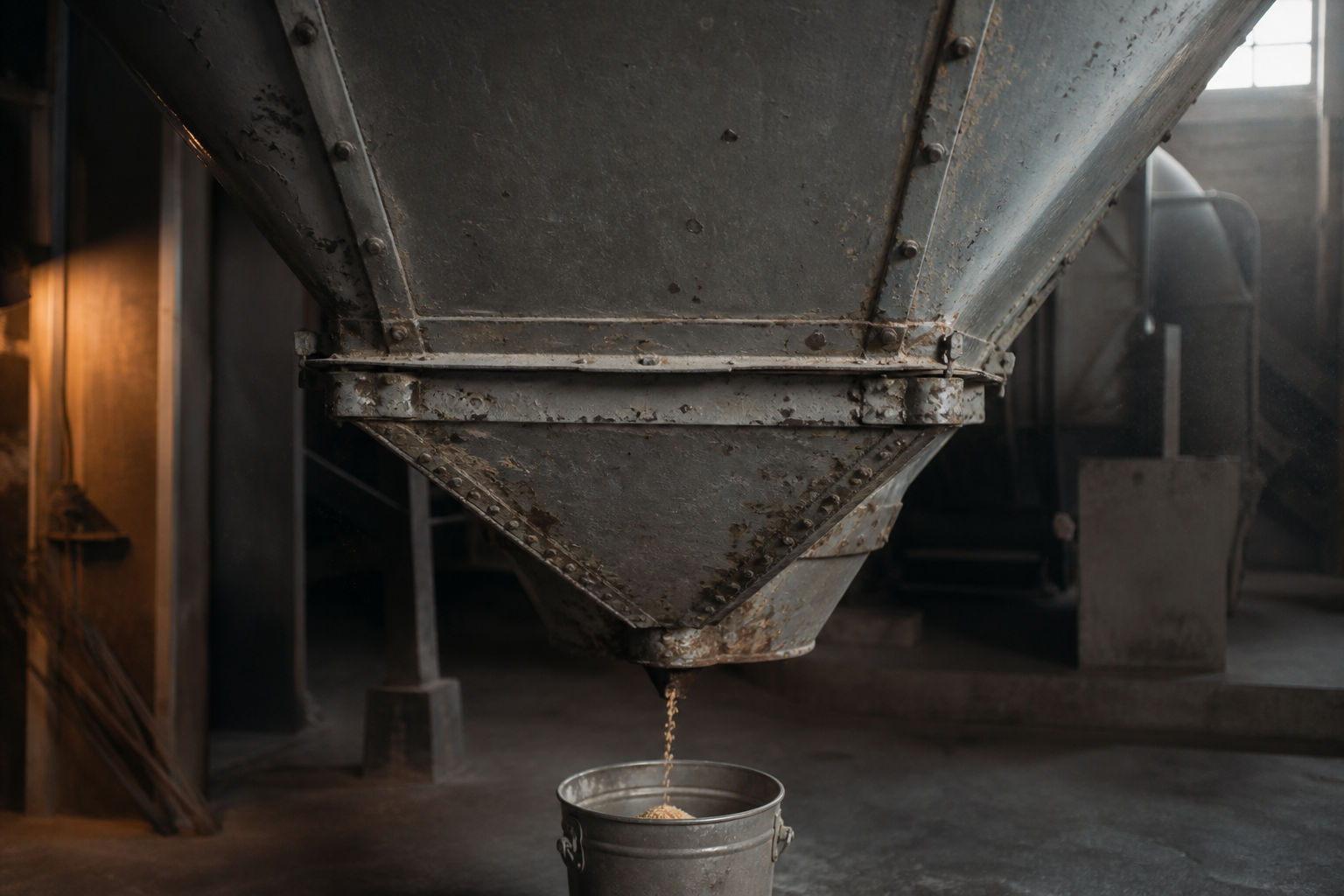 A vast riveted steel grain hopper filling the frame, tapering to a single narrow spout releasing one thin trickle into a nearly empty tin pail, photoreal