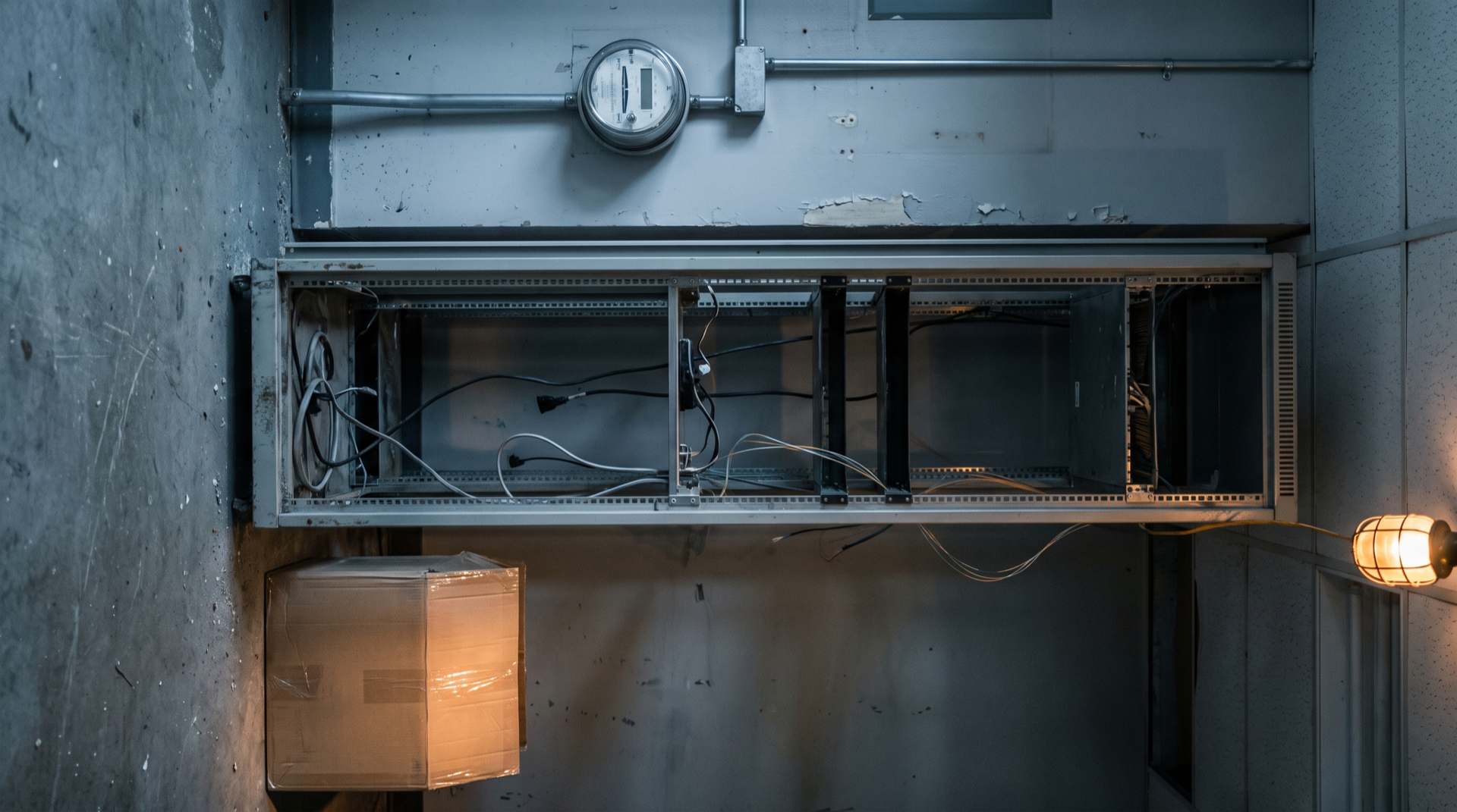 An emptied steel server rack with loose unplugged cables, an electricity meter wired in on the wall above it and a shrink-wrapped cardboard box below, photoreal