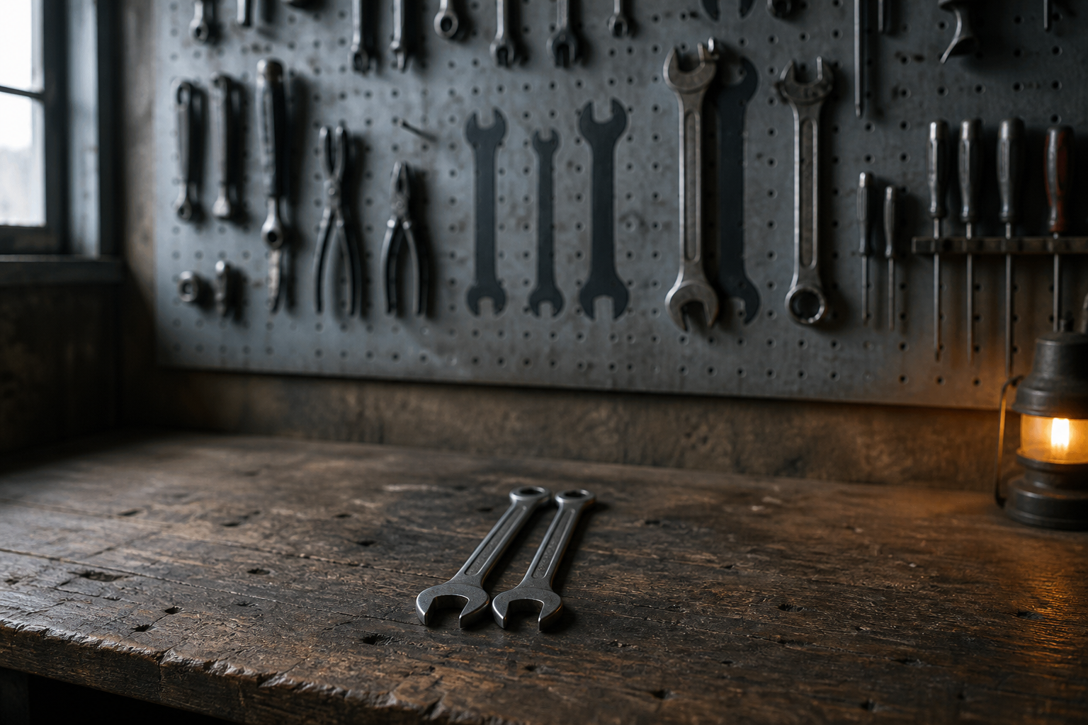 A workshop pegboard shadow board with painted tool silhouettes, several wrench outlines standing empty, and two identical wrenches lying side by side on the bench below, photoreal