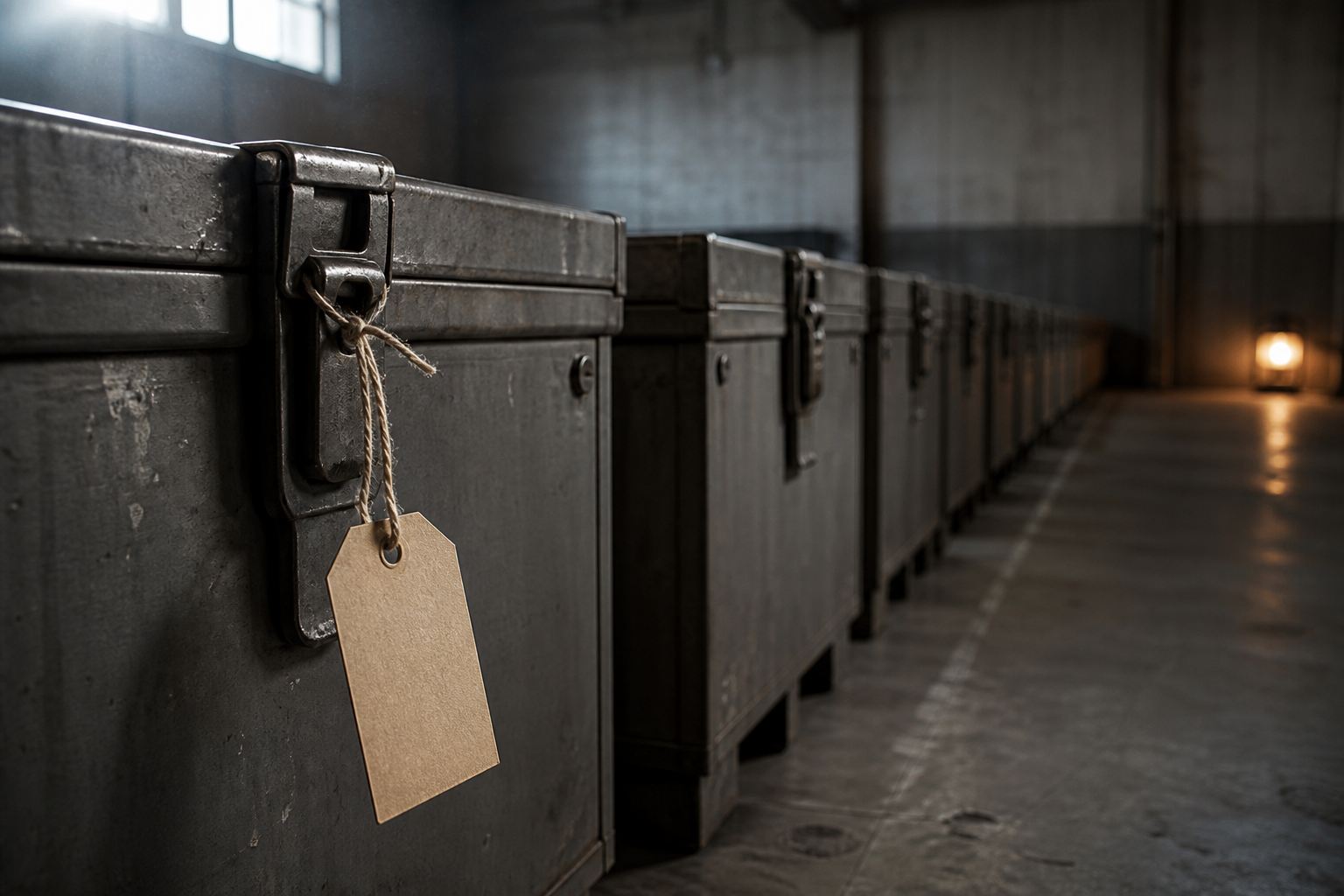 A row of identical unlabelled steel shipping crates on a warehouse floor, the nearest one bearing a single small blank paper tag tied on with string, photoreal
