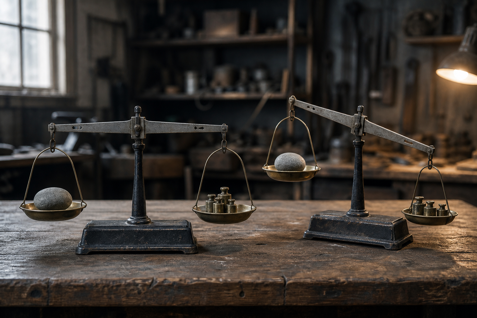 Two identical steel beam balance scales side by side on a workbench, each holding an identical plain grey stone, one beam resting level and the other tipped hard down to one side, photoreal