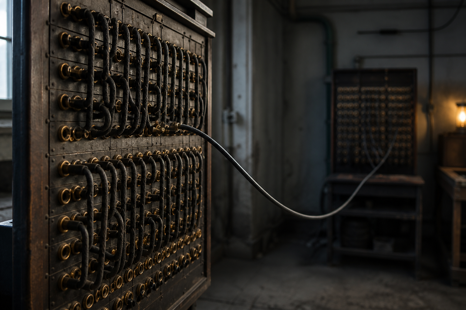 An antique telephone switchboard panel dense with brass jacks and dozens of short black patch cords looping neatly between them, one single pale cord instead running out of the panel and away across a dim room to a second identical panel in the background, photoreal