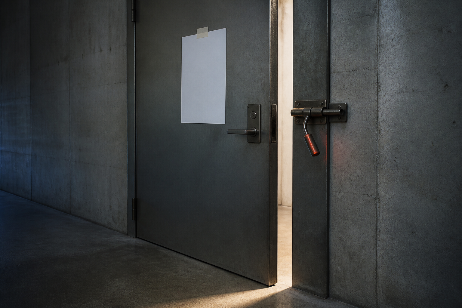 A heavy steel door standing ajar in a concrete corridor with a blank sheet of paper taped to its face, the bolt latch drawn back and unengaged, daylight spilling through the gap, photoreal