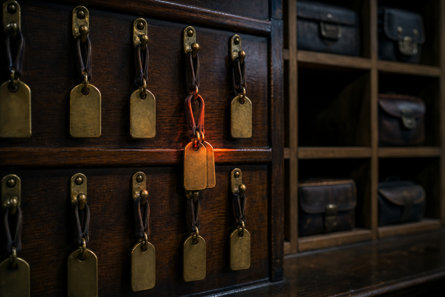 A dark wooden key board of brass hooks in a dim left-luggage room, each hook holding a single plain blank brass tag on a leather strap, one hook near the center holding two identical tags doubled up and lit by a warm red-orange highlight, pigeonhole slots of worn leather cases behind with one slot standing empty, photoreal