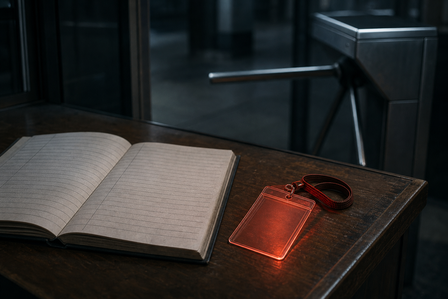 A dark wooden visitor desk in a dim night lobby, an open sign-in ledger lying flat with both pages ruled and completely unsigned, an empty clear badge holder on a red lanyard beside it glowing warm red-orange, a steel turnstile standing with its arm rotated fully open behind the glass, photoreal