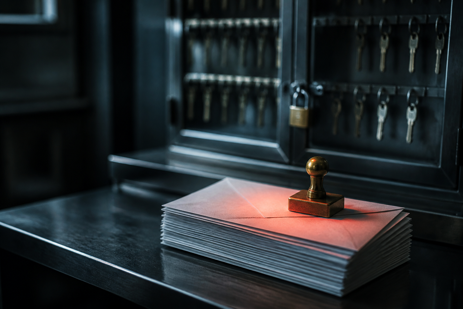 A small brass rubber stamp resting on a stack of blank envelopes on a dark steel mail-room counter, one envelope glowing warm red-orange under the stamp, a locked glass key cabinet out of focus behind, photoreal